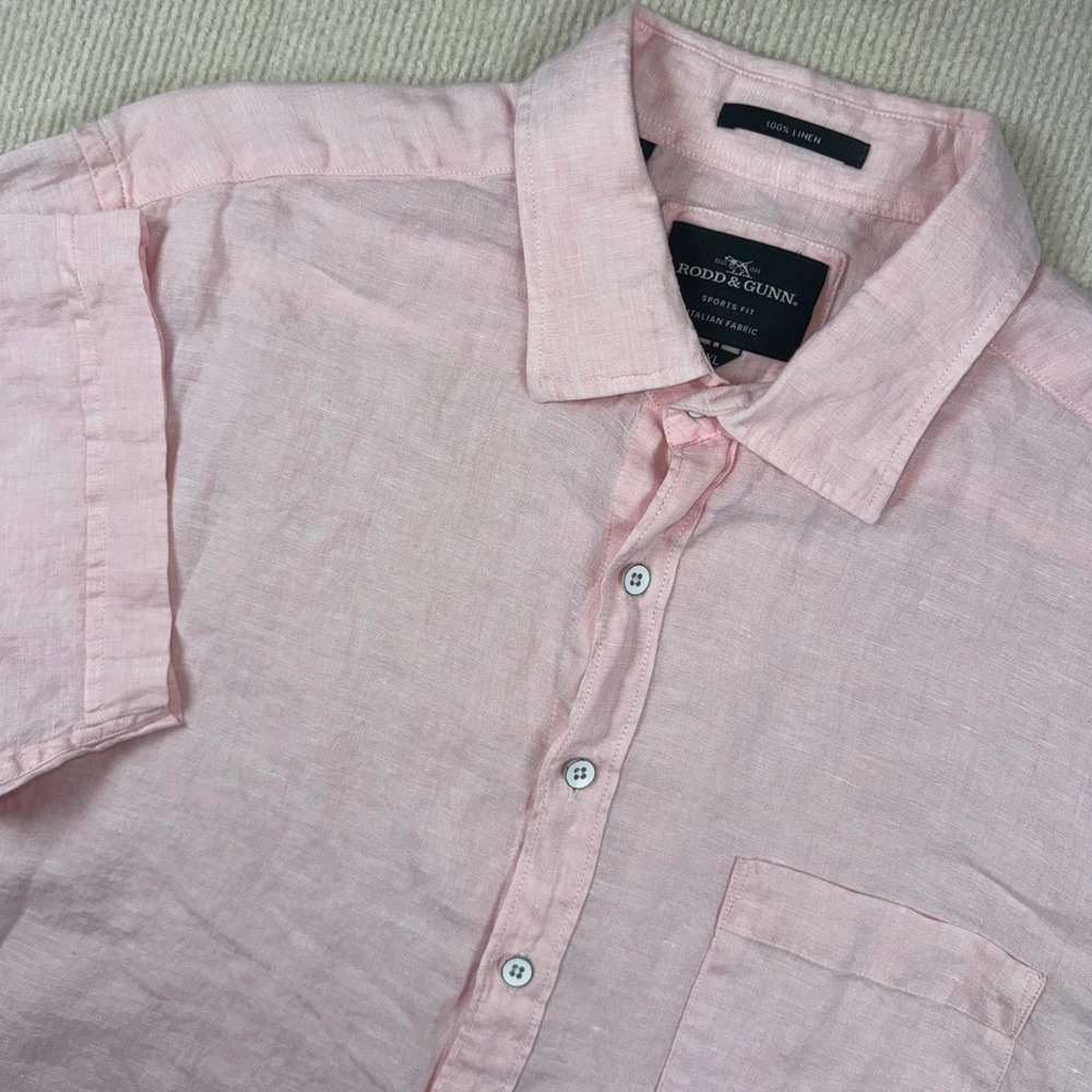 Rodd & Gunn Shirt Mens XL Pink 100% Linen Albini Italian Fabric Short Sleeve